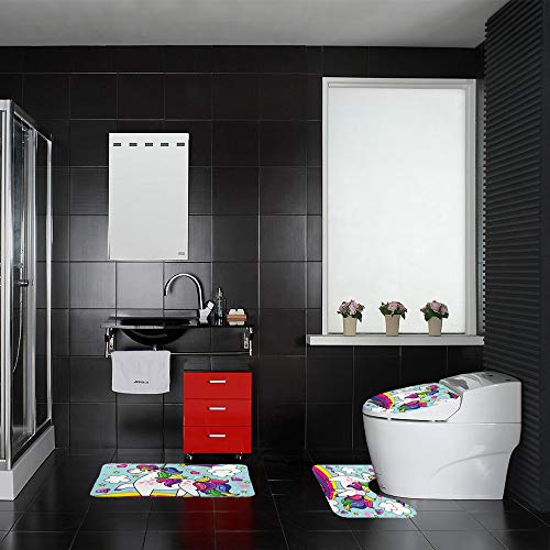 3 Piece Non Slip Bathroom Rug Set | Happy Unicorn | Toilet Seat Cover | Pedestal Rug | Shower Mat  
