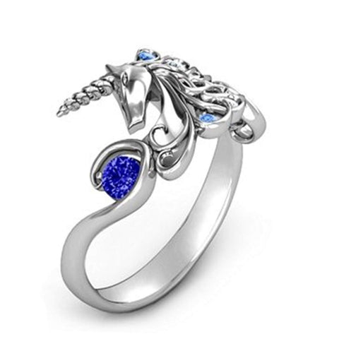 Sterling Silver Women's Unicorn Charm Ring - Blue Gemstones