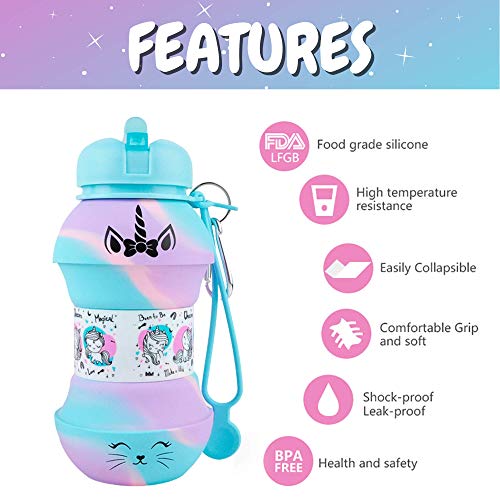 Unicorn Water Bottle for Kids - Collapsible Water Bottle - Unicorn Gift for Girls - BPA Free, Leakproof Rainbow Water Bottle with Flip Spout - 550 ml (Rainbow)…