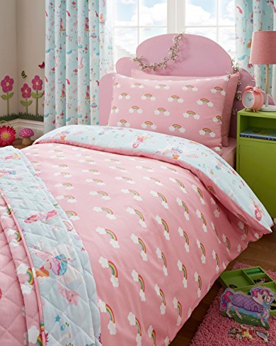 Kidz Club Magical Unicorns Childrens Single Bed Duvet Cover and Pillowcase, Blue