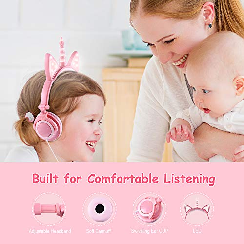 Unicorn Kids Headphones | Over Ear with LED Glowing Cat Ears | Pink