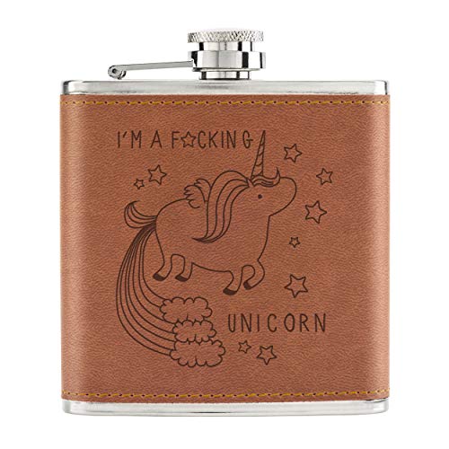 I'm A F-cking Unicorn 6oz PU Leather Hip Flask Tan