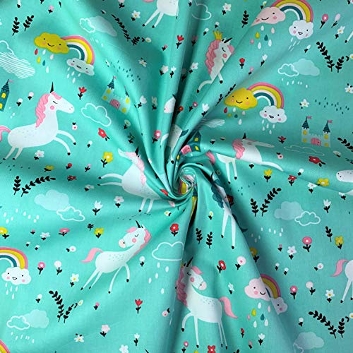 Unicorns, Rainbows & Castles | Turquoise | 100% Cotton | Twill Fabric ...