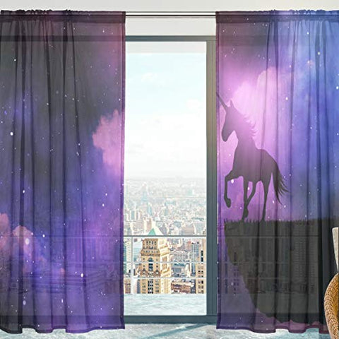 Unicorn Against Space Sky Soft Sheer Curtains for Bedroom 140cm x 198cm 2 Panels Black, Purple, Blue