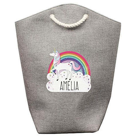Personalised unicorn storage bag. Can be used as a laundry bag, or toy storage. Features a cute unicorn, rainbow and cloud design with a personalised name feature.