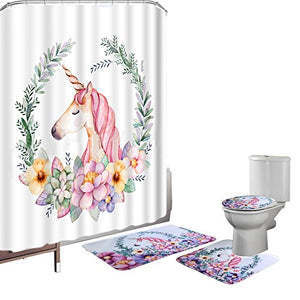 Colourful Flowers Unicorn Printed 16 Pieces Shower Curtain Set Bath Mat Set Set Bathroom Pedestal Rug + Lid Toilet Cover + Bath Mat + Shower Curtain + 12 hooks