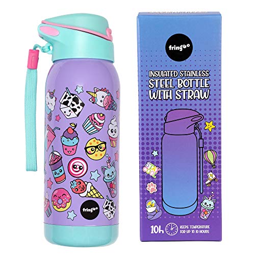 Fringoo | Children's Stainless Steel Water Bottle With Straw | BPA Free Double Insulated Bottle | Unicorn 
