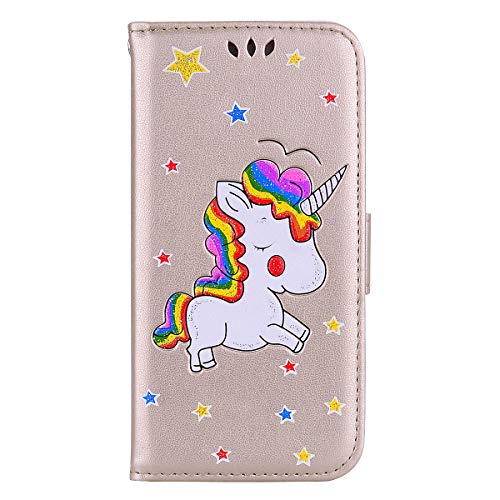 iPhone X Case, iPhone XS Case, Ailisi [Rainbow Unicorn] Premium Leather Flip Wallet Phone Case Anti-Scratch Magnetic Protective Cover with TPU Inner, Card Slots, Folding Stand–iPhone X/XS, Gold