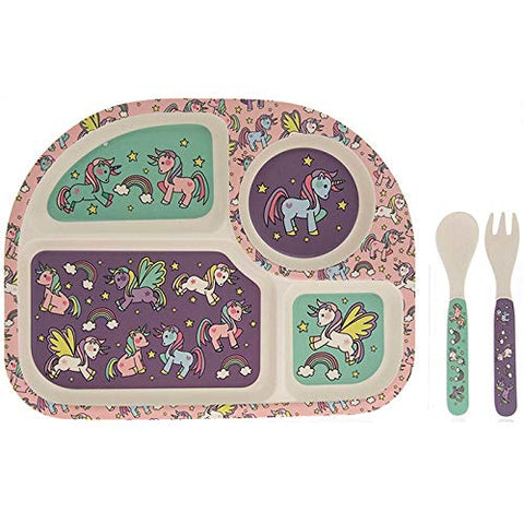 Cute Unicorn Bamboo Section Dinner Plate and Cutlery Set for Kids 