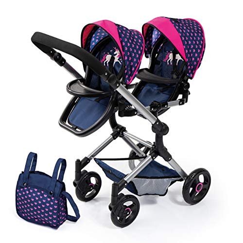 Twin Pram Dolls Carriage | Buggy | Unicorn Design | With Changing Bag | Blue & Pink | Bayer Design