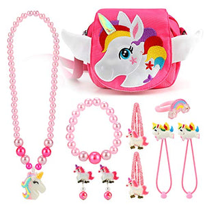 Girls Handbag Necklace Bracelet Earrings Ring Hair Clips Set | Unicorn Gift | Pink