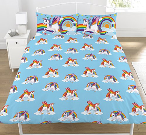 Rainbow Unicorn Double Duvet Cover Turquoise For Kids 