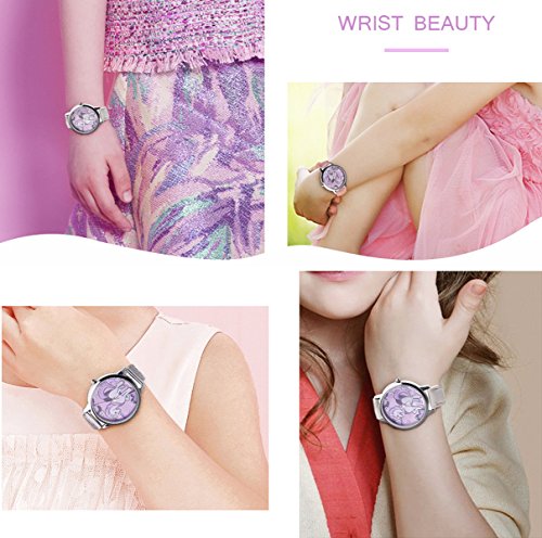 Cute Simple Purple Unicorn Arabic Numerals Alloy Strap Quartz Women Girl Children Wristwatch, Silver