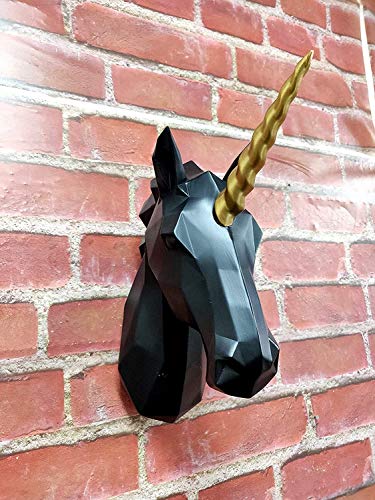 WALPLUS Contemporary Faux Taxidermy Head for Wall Décor Animal Replica Home Decorative Mount Art Sculpture Gift Black Unicorn Gold Horn Wall Hanger