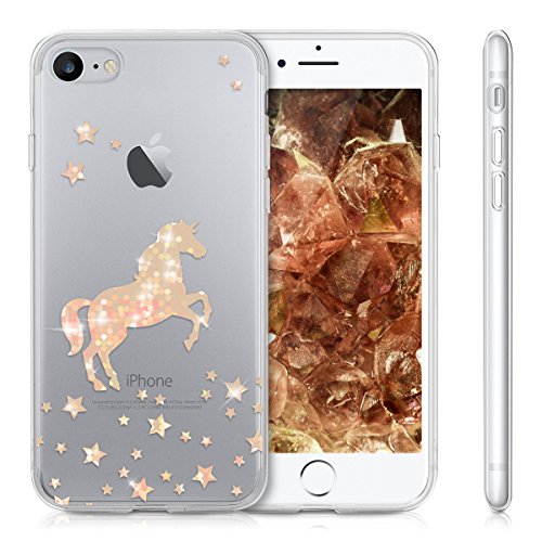 kwmobile TPU Case Compatible with Apple iPhone 7/8 - Soft Crystal Clear IMD Design Back Phone Cover - Unicorn Rose Gold/Transparent