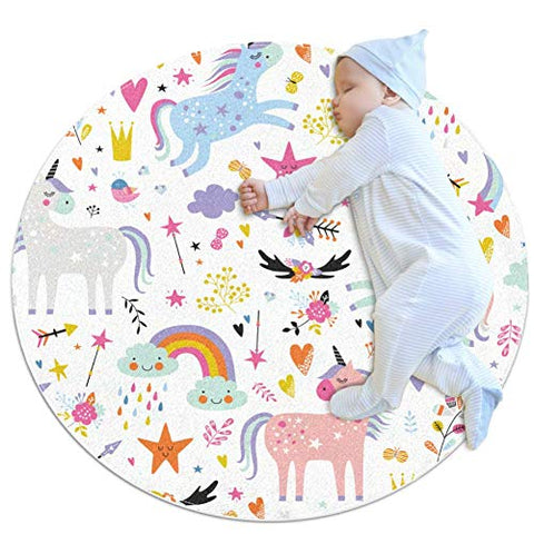 Unicorns Round Floor Mat | Washable Rug | Multi Coloured 
