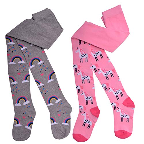 Girls Unicorn & Rainbow Tights | Grey & Pink | 1 -2 years 