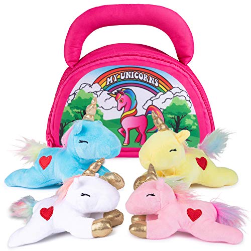 Unicorn Plush Toy Set Including Carrier | 4 Soft Toys | Unicorn Gift Idea