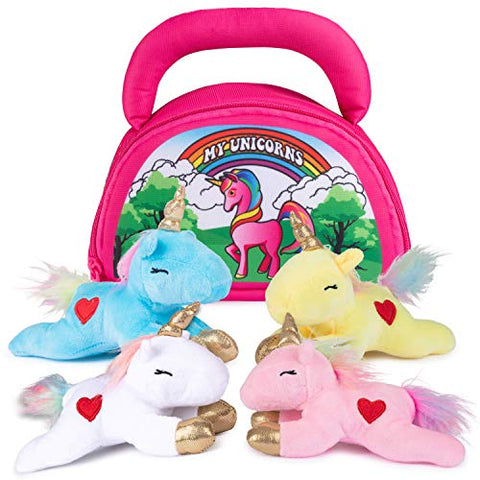 Unicorn Plush Toy Set Including Carrier | 4 Soft Toys | Unicorn Gift Idea