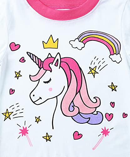 Qiilaro Girl's Pyjamas Unicorn Moon Short Sleeve Top Pants Sleepwear 2 Piece Outfit, Pink-white, 6 Years