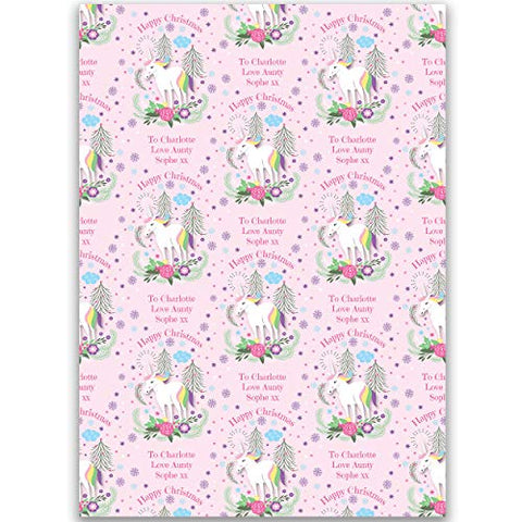 Personalised Christmas Wrapping Paper | Unicorn Design | Pink