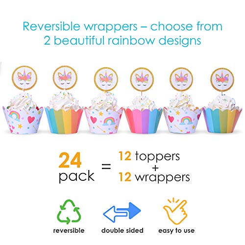 Unicorn Cupcake Toppers – 24 pcs Unicorn Rainbow Cupcake Cases / Wrappers