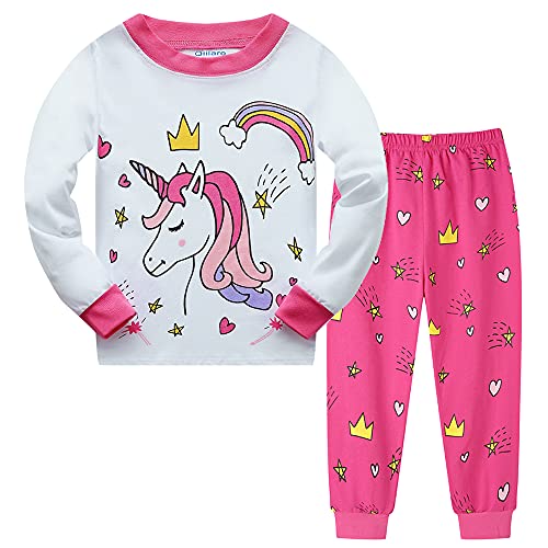 Qiilaro Girl's Pyjamas Unicorn Moon Short Sleeve Top Pants Sleepwear 2 Piece Outfit, Pink-white, 6 Years