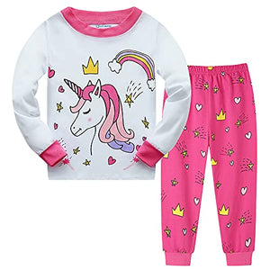 Qiilaro Girl's Pyjamas Unicorn Moon Short Sleeve Top Pants Sleepwear 2 Piece Outfit, Pink-white, 6 Years