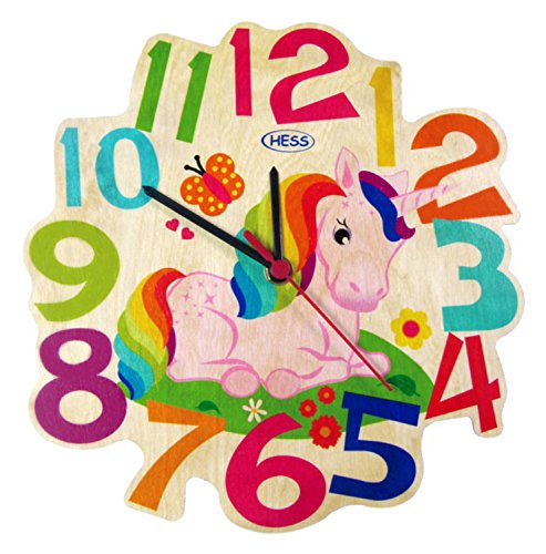 Unicorn wall clock, wooden, Hess. Bright,colourful, kids bedroom, nursery, playroom.