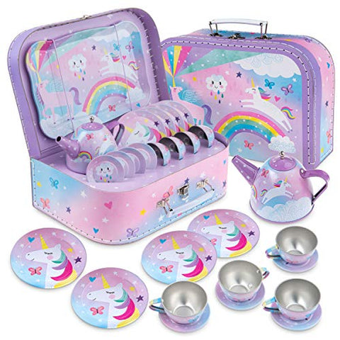 15 Piece Kids Pretend Toy Tin Tea Set & Carrying Case | Cotton Candy Unicorn Design | Jewelkeeper