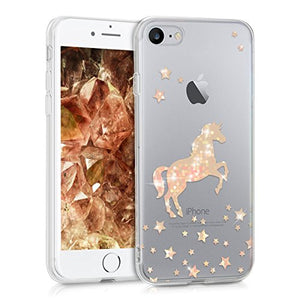 kwmobile TPU Case Compatible with Apple iPhone 7/8 - Soft Crystal Clear IMD Design Back Phone Cover - Unicorn Rose Gold/Transparent