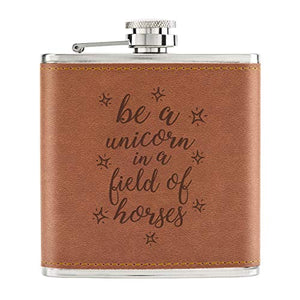 Be A Unicorn In A Field Of Horses | Unicorn Themed Leather Hip Flask | Tan