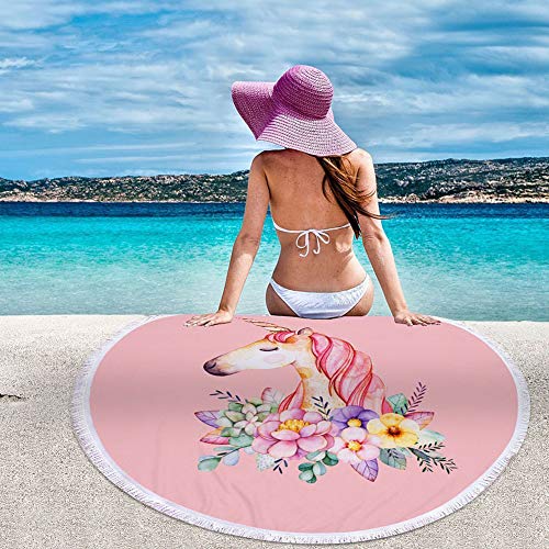 Large Round Floral Unicorn Beach Towel | Pink