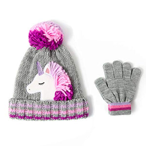 Grey & Pink Girls Unicorn Bobble Hat & Gloves | 6 - 9 Years