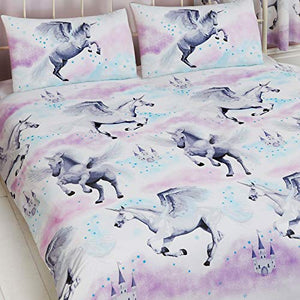 Mystical Unicorn Double Duvet Cover And Pillowcase Set - Purple and Teal