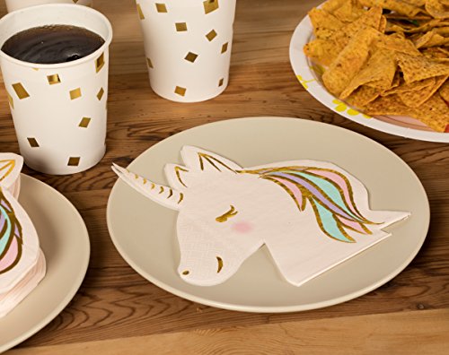 Disposable Paper Cocktail Napkins (50-Pack) - Unicorn Die-Cut Shaped Design with Gold Foil, 3- Ply, Folded: 6.5 x 6.3 Inches