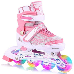 Kids Inline Skates With Light Up Wheels | Adjustable Roller Skates | White & Pink | Multi Coloured Wheels