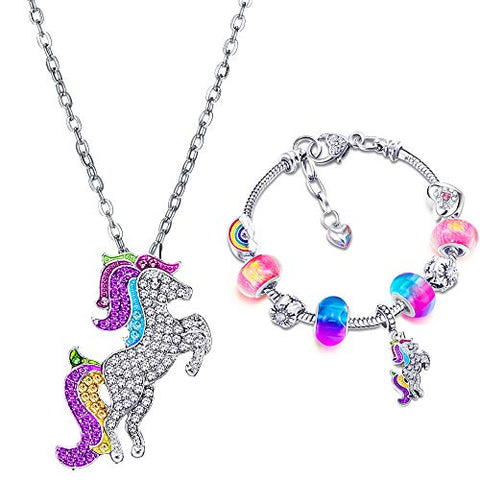 Unicorn Sparkly Crystal Charm Bracelet & Necklace Set | Inc. Greeting Card & Gift Box