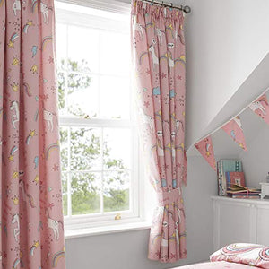 Happy Linen Company | Girls Unicorns Rainbows Curtains | Pink 66" x 54" | Fully Lined Pencil Pleat Curtain Set
