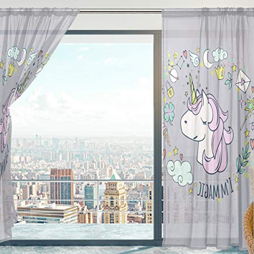 Unicorn Sheer Curtains Grey Pastel Colours 