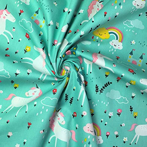 Turquoise Unicorn, Castles & Rainbows Material Fabric 