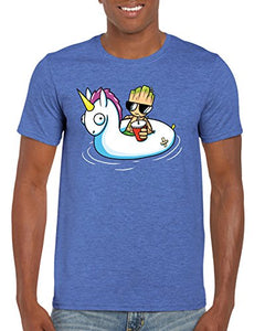 Groot on a Unicorn Pool Toy - Funny Summer Baby Groot Guardians of the Galaxy Movie Inspired T-shirt (Medium, Heather Royal)