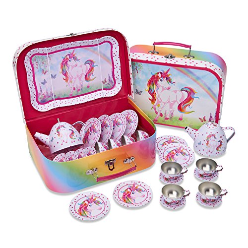 Lucy Locket Magical Unicorn Metal TEA SET & Carry Case Toy (14 Piece Pink Tea Set for Children)