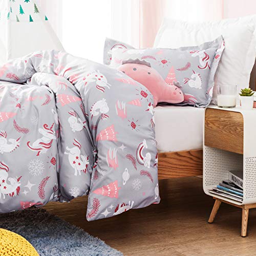 Unicorn Single Duvet Cover Bed Set Grey & Coral