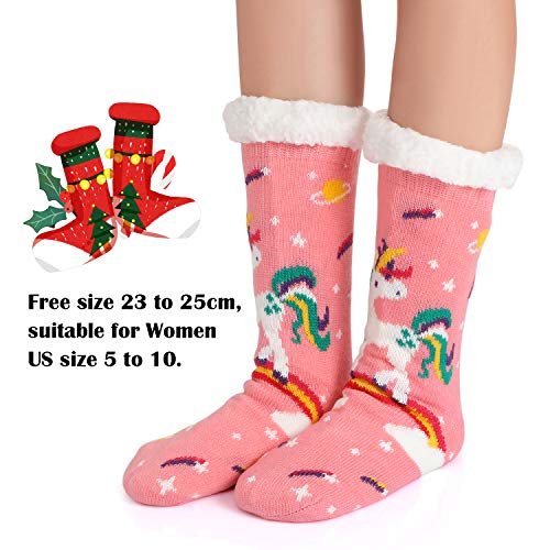 Fleece Lined Fluffy Unicorn Slipper Socks For Women and Girls - Pink
