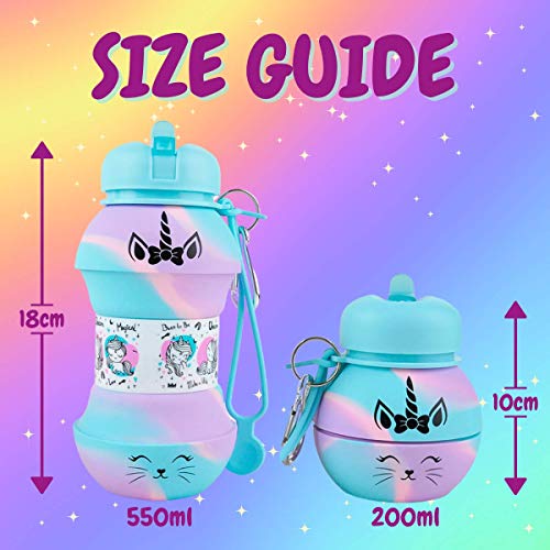 Unicorn Water Bottle for Kids - Collapsible Water Bottle - Unicorn Gift for Girls - BPA Free, Leakproof Rainbow Water Bottle with Flip Spout - 550 ml (Rainbow)…