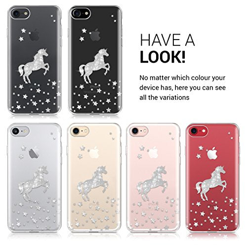 kwmobile TPU Case Compatible with Apple iPhone 7/8 / SE (2020) - Soft Crystal Clear IMD Design Back Phone Cover - Unicorn Silver/Transparent