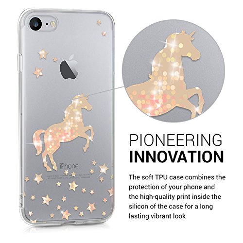 kwmobile TPU Case Compatible with Apple iPhone 7/8 - Soft Crystal Clear IMD Design Back Phone Cover - Unicorn Rose Gold/Transparent