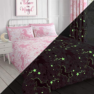 Unicorn Stars Magical Glow in the Dark Duvet Cover Bedding Set (Pink, Double)