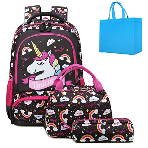 Unicorn backpack rucksack set black and pink